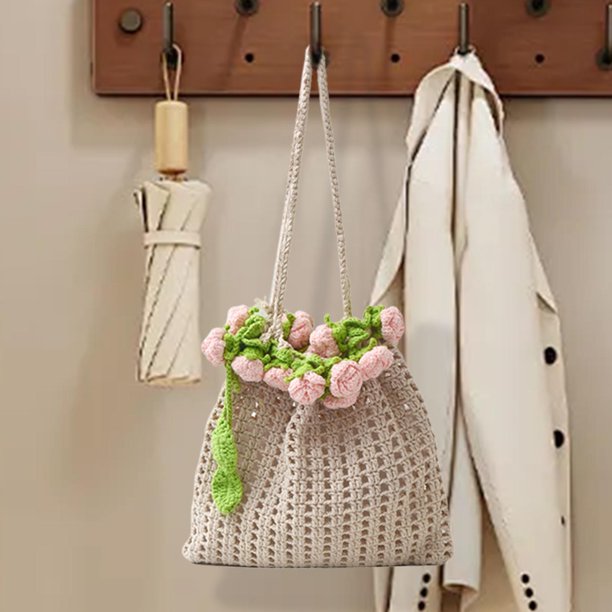 Rose Bouquet Woven Bag Travel para mujeres para la fiesta de regalo de cumpleaños Citas de compras Rosa