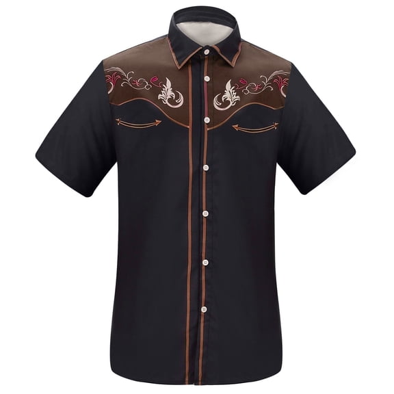 VNKIDY Boys Kids Western Style Floral Embroidered Shirt Short Sleeve Button Down Collared Floral Embroidery Contrast Piping Cowboy Shirt For CasualParty Wear Black 12-13 Years