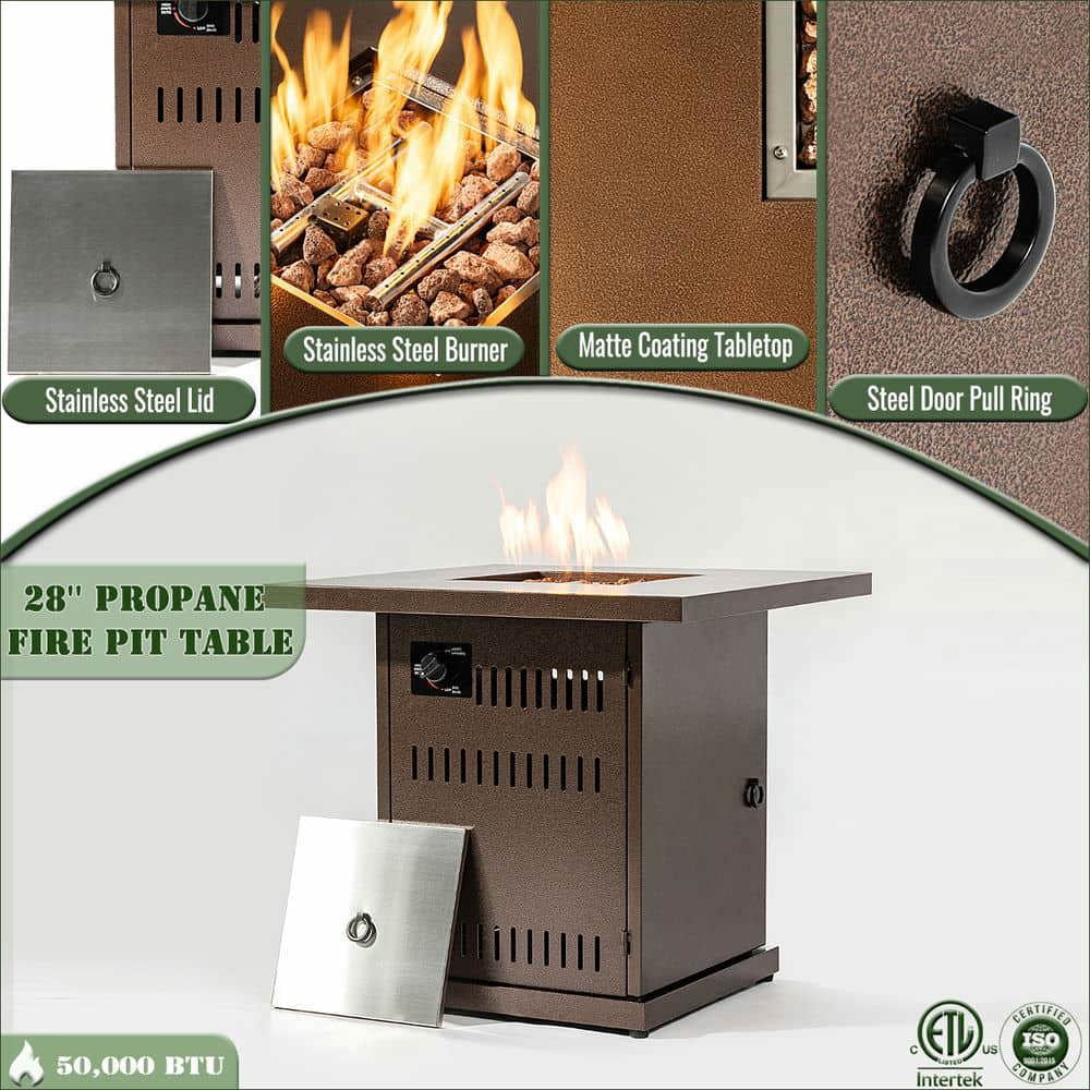 Spaco 28" Square Propane Gas Fire Pit Table, 50000 BTU Steel Fire Pit, Fire Pit Table for Outdoor as Patio, Deck, Backyard, Brown