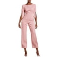 thumbnail image 3 of DUMUIELD Women 3/4 Sleeve Elegant Jumpsuits Business Formal Party Straight Leg Long Pants Rompers with Pockets Pink,L, 3 of 7