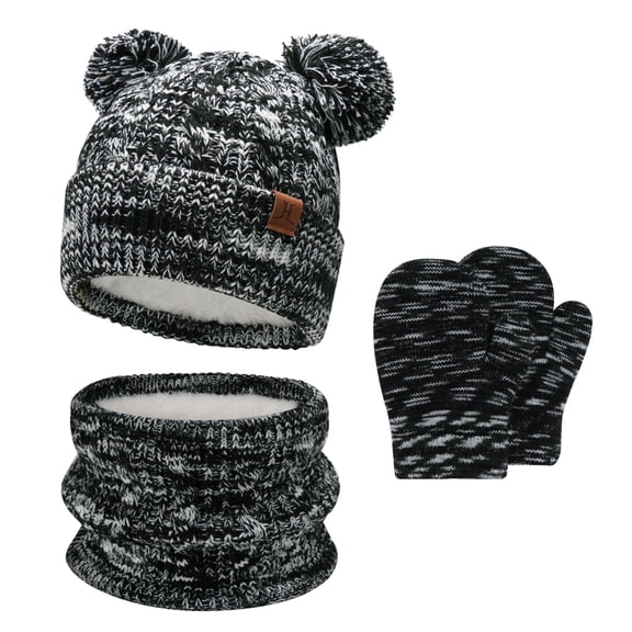 FZ FANTASTIC ZONE Kids Toddler Infants Winter Hats Scarfs Gloves Set Pompom Beanie Caps Mittens Neck Warmer with Fleece for 0 6 12 18 Months 1 2 3 4 Years Old Baby Girls Boys Gifts, Blackwhite