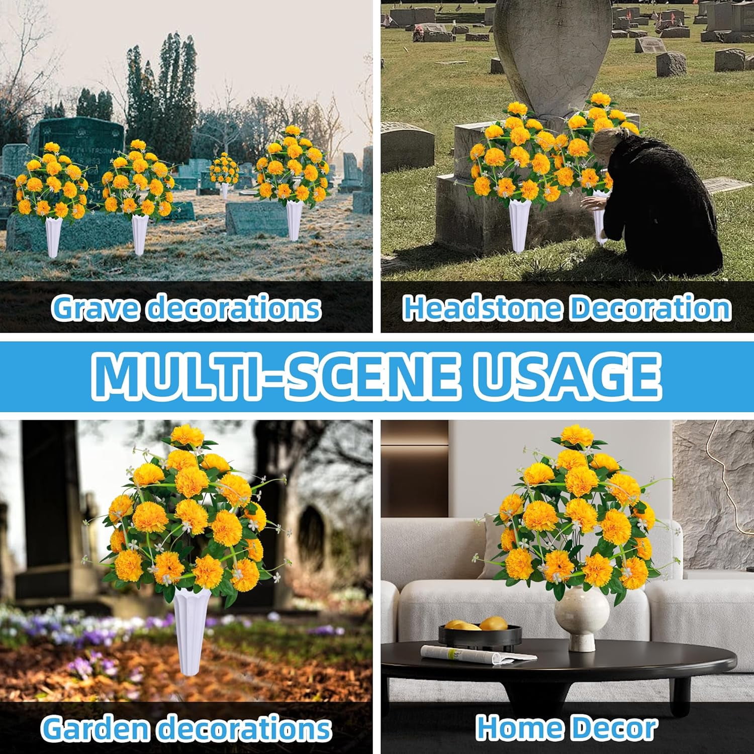 Silks Artificial Cemetery Flowers, Set of 2 Grave Decorations Bulbous Chrysanthemum,Memorial Flowers Bouquet with Cemetery Vase for Cemetery Headstones Decoration (Red)