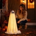 thumbnail image 3 of Halloween Ghost Decorations, 59.06 Inch Light Up White Fabric Standing Ghost Lamp with Stripe Bow, Spooky Halloween Indoor Holiday Porch Ornament, 3 of 5