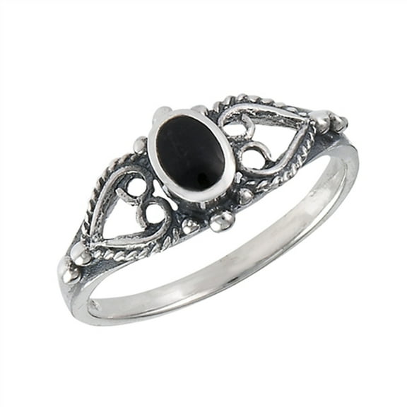 Oxidized Filigree Heart Simulated Black Onyx Promise Ring Sterling Silver Band CZ Female Size 7