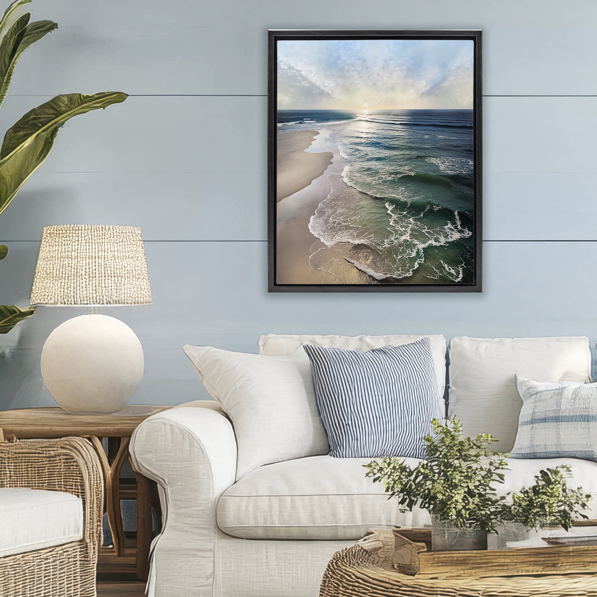 Stupell Industries Tranquil Shoreline with Soft Light Black Framed Floater Canvas Wall Art, design by Mike Calascibetta