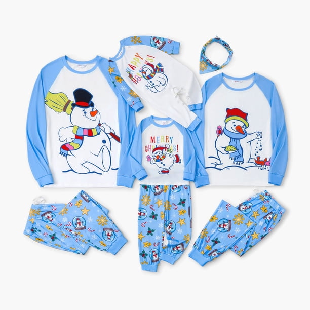 Pijama navideño familiar a juego con estampado de muñeco de nieve, mangas raglán azules, cordón y bolsillos (resistente al fuego)