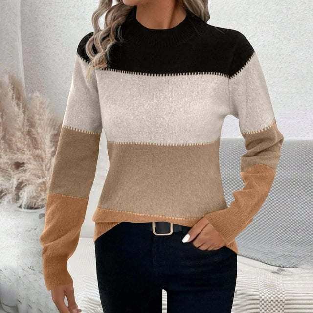 PEONAVET Chandails pour Femmes Mode Féminine Chandail à Manches Longues Col Rond Tricoté
