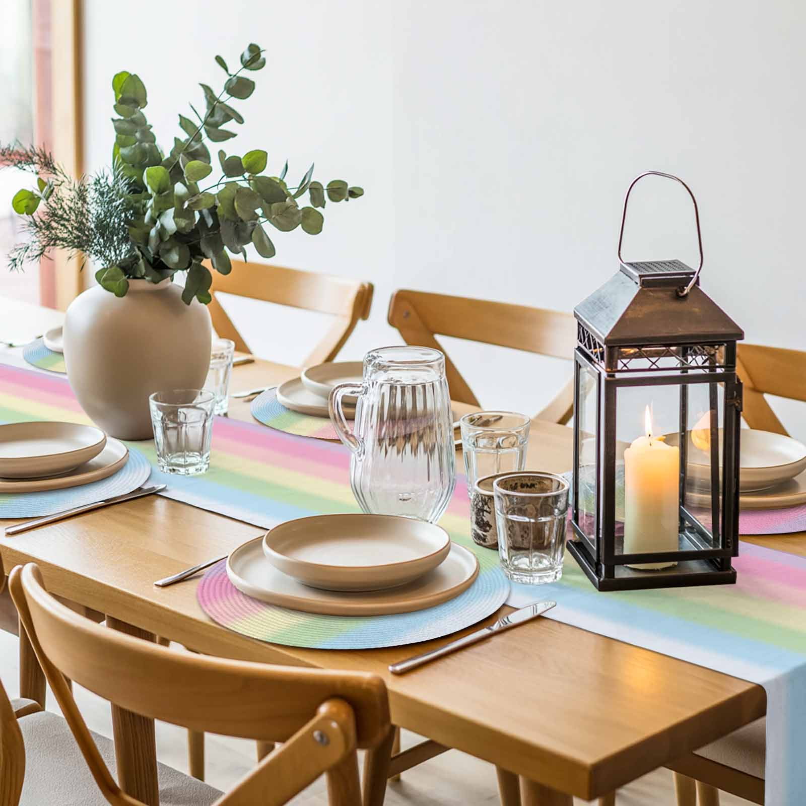Rainbow Minimalnist Stripe Round Table Placemats set of 8, Candy Texture Washable Woven Place Mats for Dining Tables Kitchen Party Decor,Heat Proof, 13in,