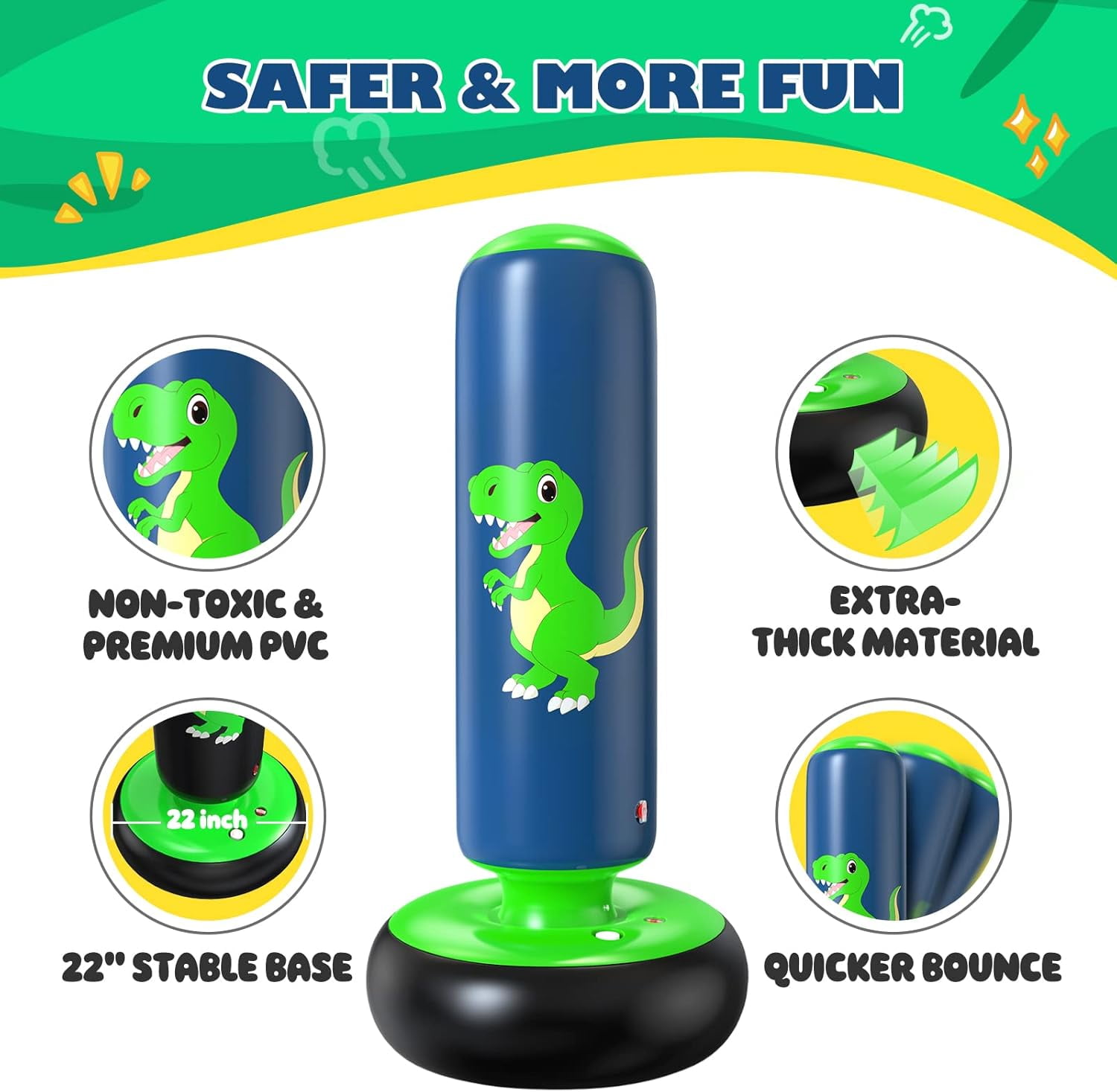 48" Inflatable Punching Bag for Kids, Lava Green Dinosaur with Blue Pillar, Dinosaur Bop Bag for Boys & Girls Ages 3-8
