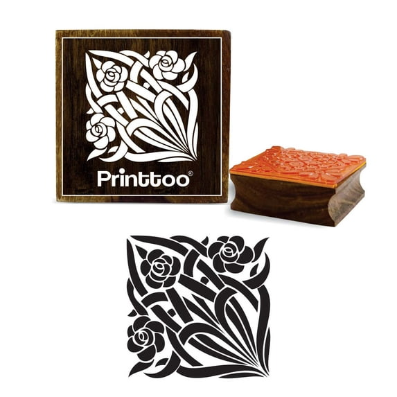 Printtoo Craft Textile Square Floral Pattern Stamp Wooden Rubber DIY Stamps-5 x 5 Inches