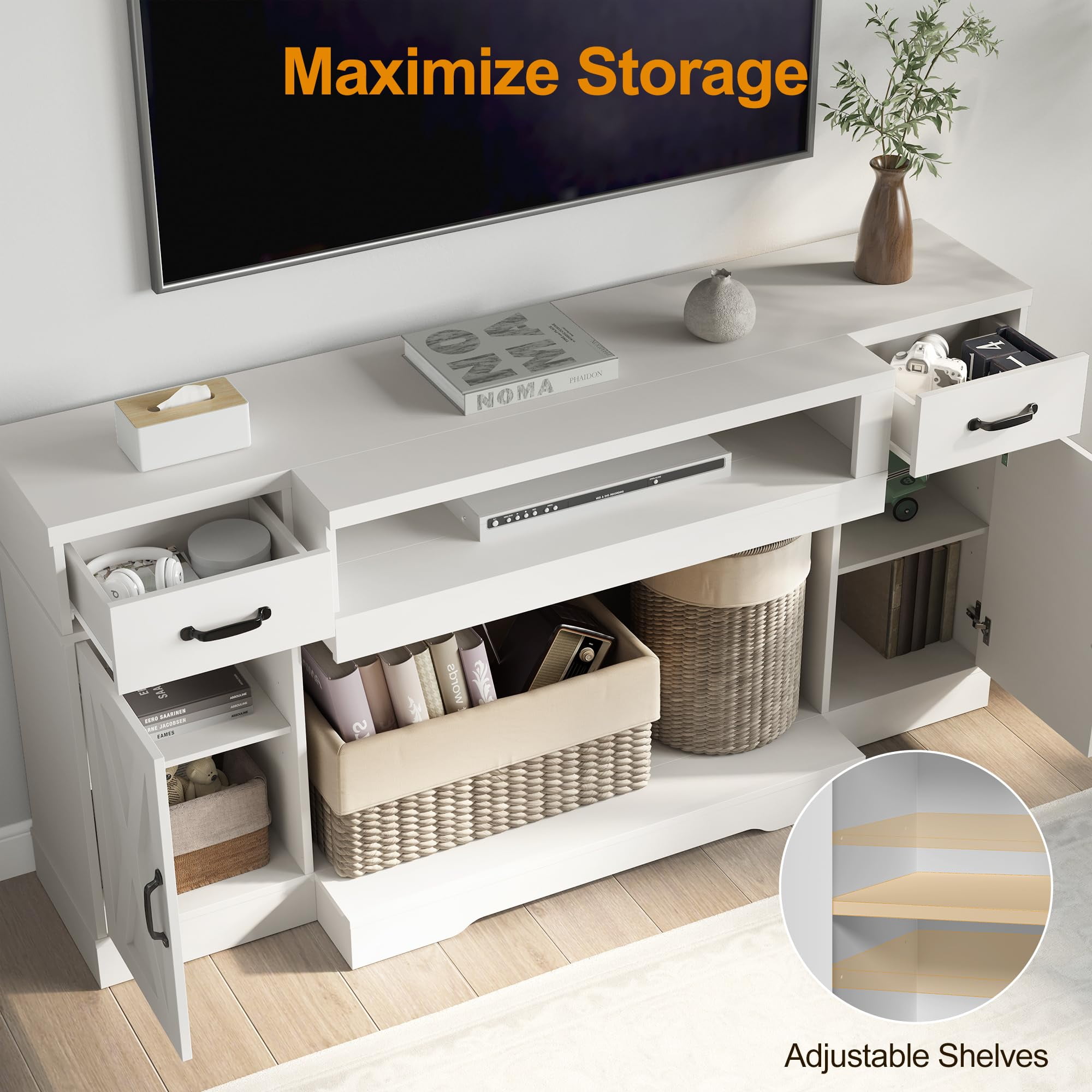 Heynemo TV Stands for TVs up to 75'', Farmhouse Media Console Table with Adjustable Shelves, Double-door Design, Entertainment Center for Living Room, Study Room, Bedroom, White