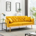 thumbnail image 2 of Velvet Futon Sofa Bed with 2 Pillows, Modern Tufted Upholstered Accent Sleeper Sofa Couch with Adjustable Backrest and Golden Metal Legs, Folding Loveseat Sofa Recliner Couch for Bedroom, Mustard, 2 of 7