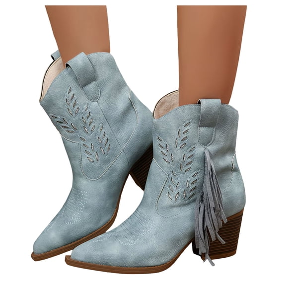 Rokment Womens Fringed Openwork Wide Mid Calf Cowboy Boots Fall Winter Casual Suede Embroidered Pointed Toe Chunky Stacked Heels Cowgirl Dress Booties
