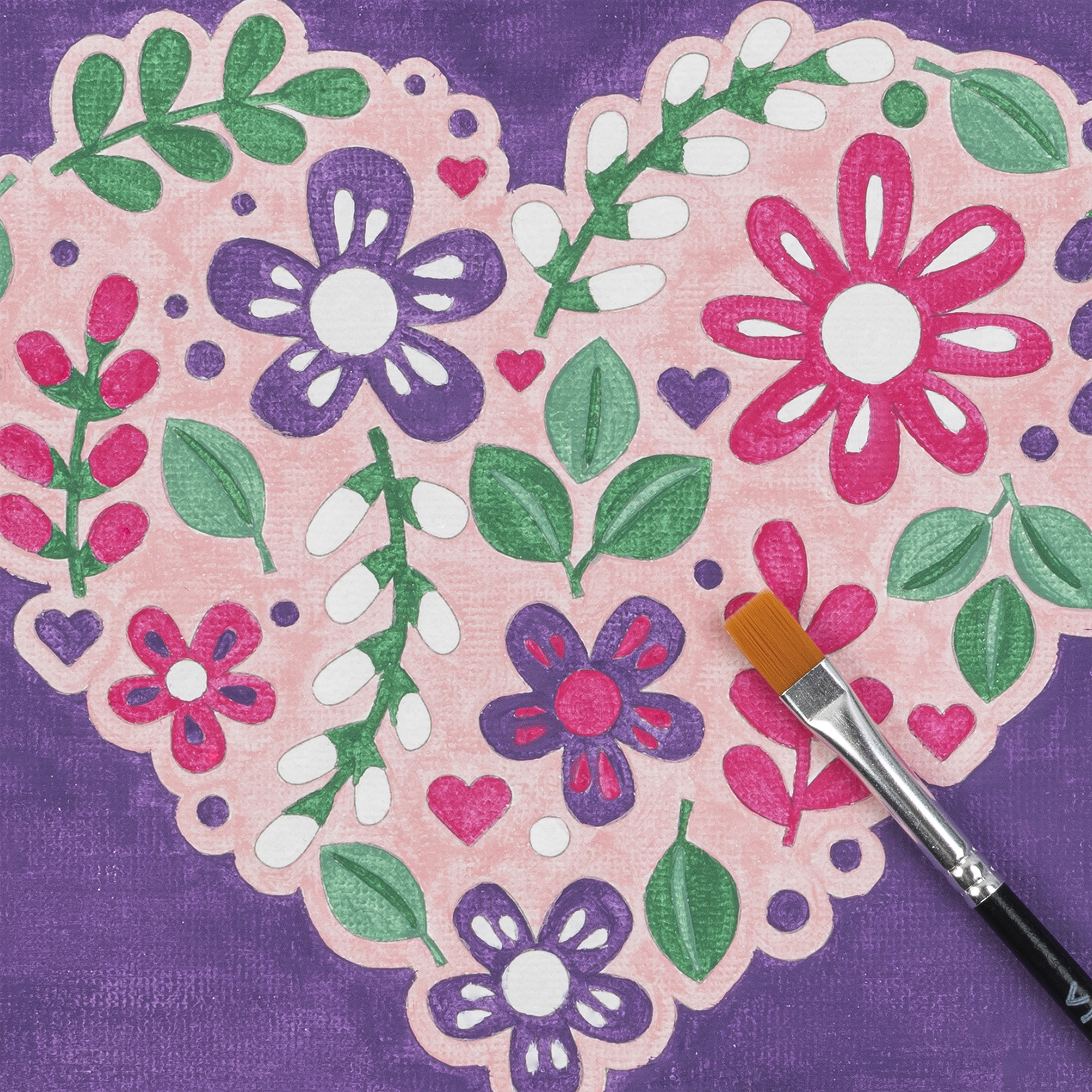 Vivid by Brea Reese: Acrylic Mini Paint-By-Number Kit – Flower Heart - 6 x 6" Canvas, 6 Paint Pods, 2 Brushes, Purple-Pink-Green Colors, DIY Art Craft