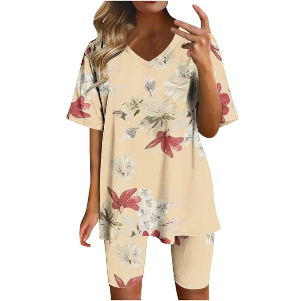 Blusas para las Mujeres Casual Impreso Cuello en V Manga Corta Blusa Pantalones Cortos, Conjuntos de Ropa para las Mujeres