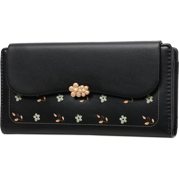 Womens Wallet Leather Credit Card Holder RFID Blocking Trifold Long Ladies Purse with Zipper Pocket