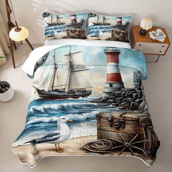 Manfei Vintage Sailing Ship Lighthouse Twin Quilt Set for Boys and Girls, Nautical Adventure Print Twin Coverlet Set, 2pcs