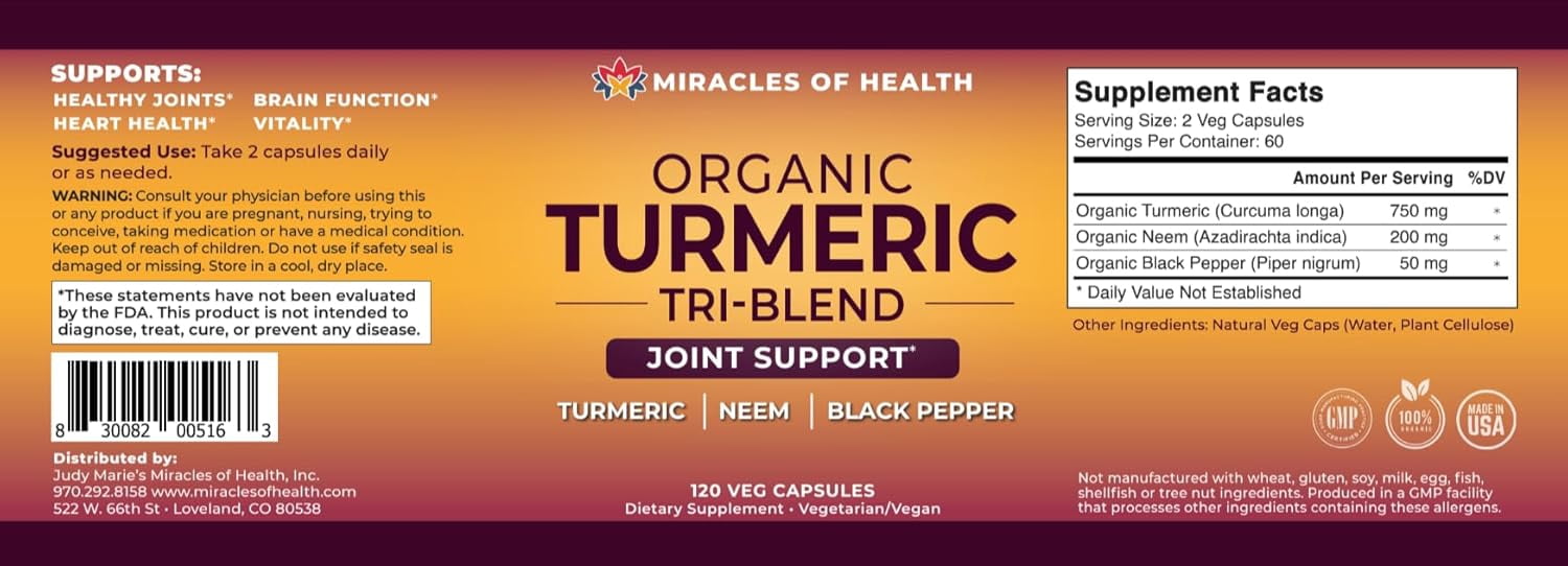 Turmeric Tri-Blend – Daily Health Boost, Immune Defense and Joint Support | All-Natural Herbal Supplement| 120 Veg Capsules with Organic Neem, Black Pepper and Turmeric