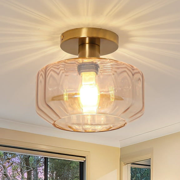 Parrot Uncle Modern Brass 1-Light Semi-Flush Mount Light with Clear Ribbed Glass Shade, Dimmable
