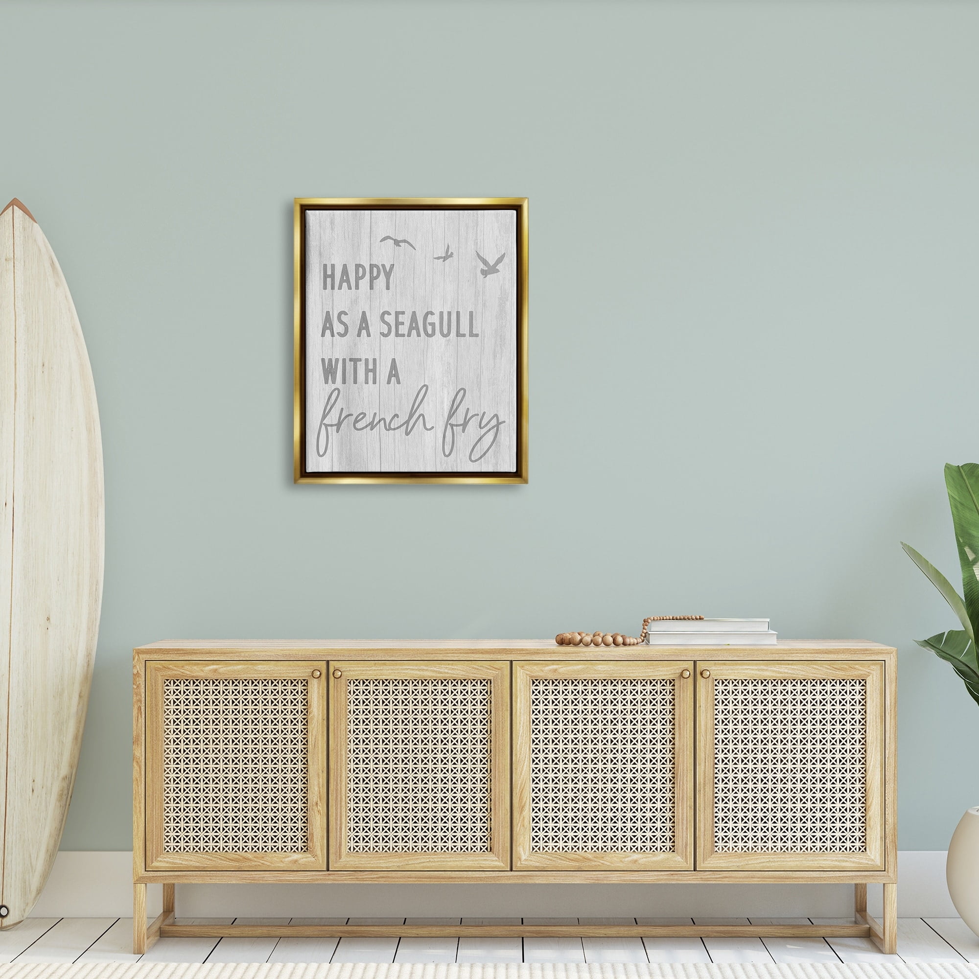 Stupell Industries Funny Happiness Phrase Rustic Seagull Beach Humor Graphic Art Metallic Gold Floating Framed Canvas Print Wall Art, Design by Daphne Polselli