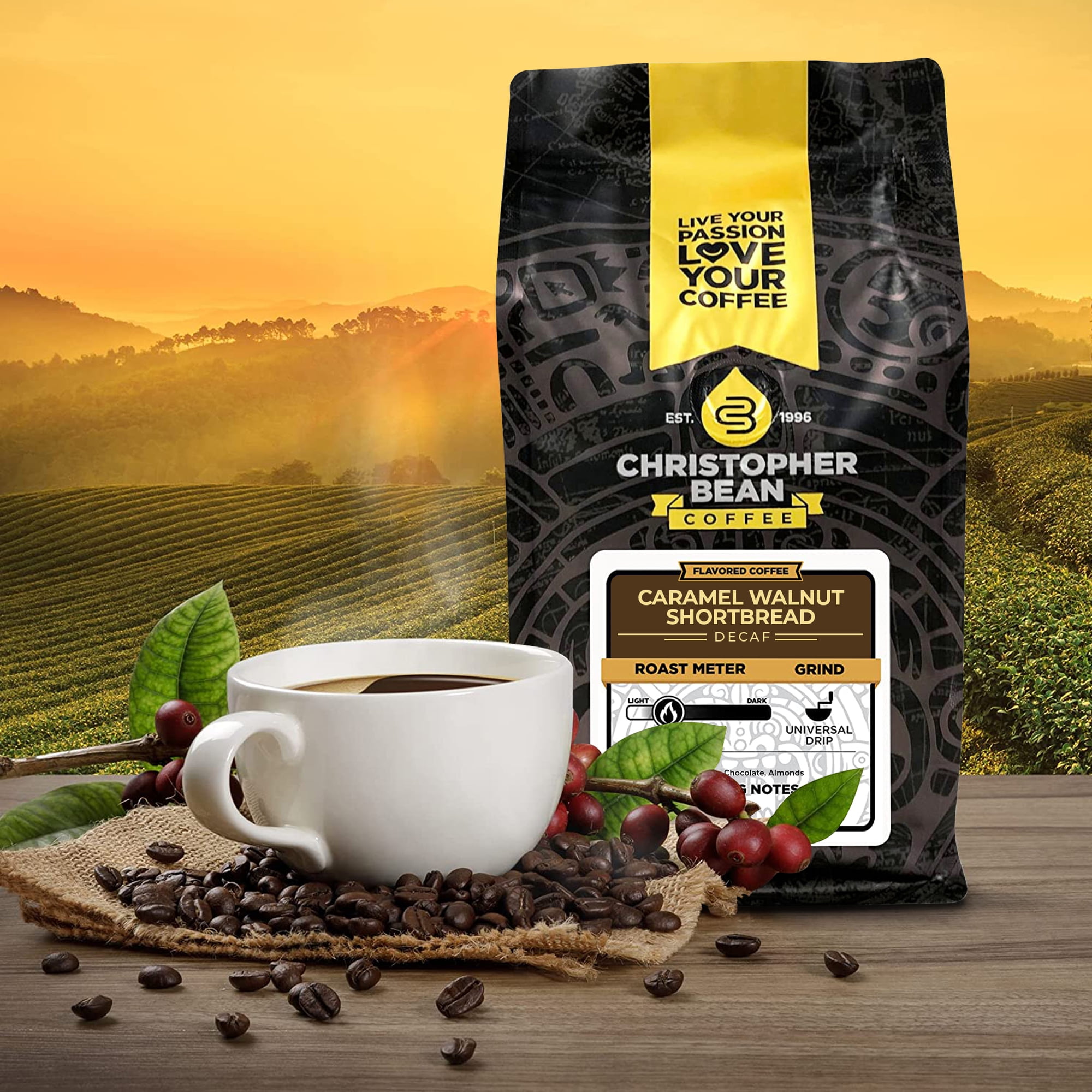 Christopher Bean Coffee- Caramel Walnut Shortbread Flavored Coffee, Decaf Coffee, 100% Arabica, Coffee Ground Medium Roast, No Sugar, No Fats, Made with Non-GMO Flavorings,12-oz Bag Ground Coffee Bean