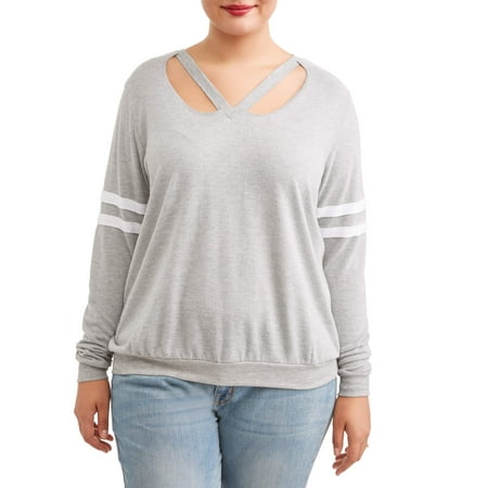 Eye Candy Juniors' Plus Size V-Neck Cutout Varsity Sweatshirt