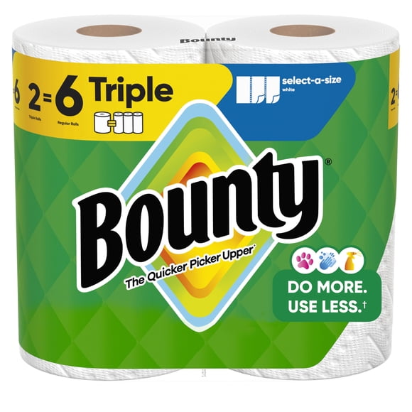 Bounty - Toallas de Papel Select A Size, 2 Rollos Triples, 123 Hojas por Rollo, Hojas Ajustables, Súper Absorbentes, Textura Diamante, Limpieza Rápida y Duradera