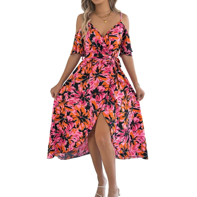 Vestido Bohemio de Verano 2025 para Mujer, con Hombros Descubiertos, Tirantes y Escote en V, Informal, y Fluido, con Abertura en el Muslo. Negro y Rojo M