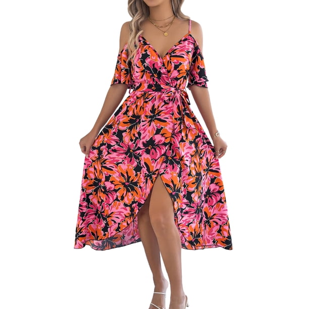 Vestido Bohemio de Verano 2025 para Mujer, con Hombros Descubiertos, Tirantes y Escote en V, Informal, y Fluido, con Abertura en el Muslo. Negro y Rojo M