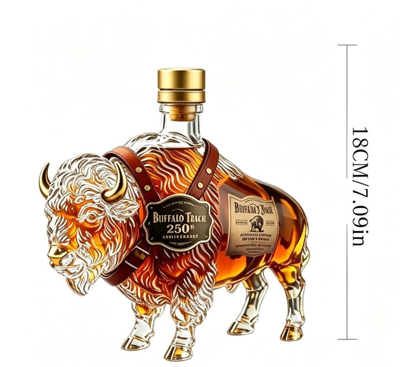 250th Anniversary 3D Bison Buffalo Shaped Glass Decanter, Hand Carved Spirit Liquor Bottle with Green Gift Box, Western Wildlife Bar Display Decor Gift for Bourbon Lovers