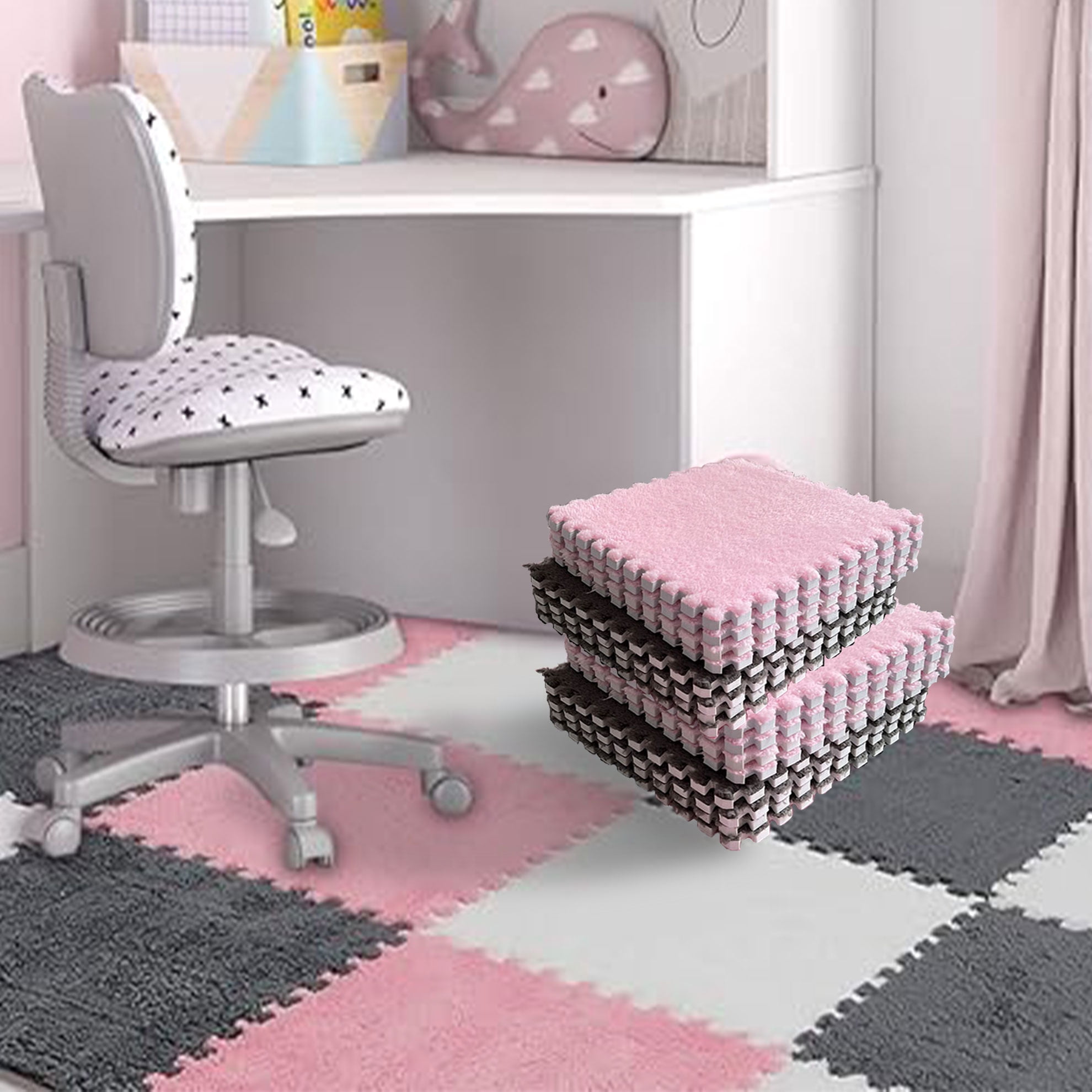 Interlocking Carpet Shaggy Soft EVA Foam Mats Fluffy Square Thickened Plush Tiles Protective Floor Tiles Exercise Play Mat for Children Kids Room Home Parlor Bedroom (Pink, 12 Pcs)