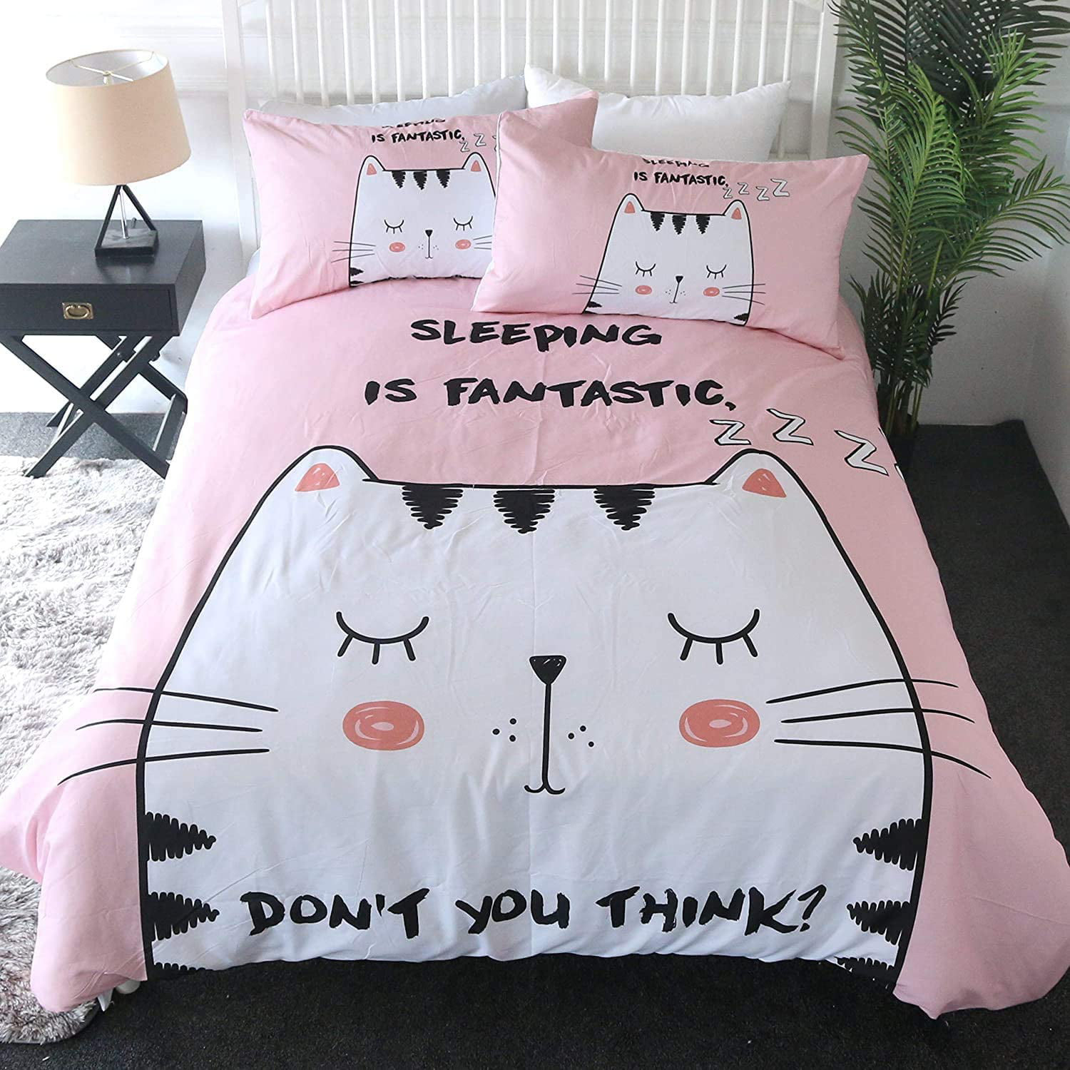 Cat Bedding Sets For Kids Boys Girls Animal Print Bedspreads 3 Piece Bed Set  1 Comforter Duvet Cover 2 Pillowcasekawaii Pink Sleeping Cat Twin -  