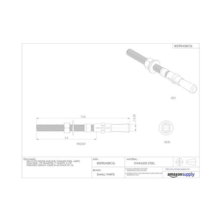 

ATS Wedge Anchor 304 Stainless Steel Meets QQZ-325Z Type II Class 3 and GSA FFS-325 Group II Type 4 Class 1 Specifications 1/2 Diameter 3-3/4 Length 2-1/8 Threaded Length (Pack Of 10)