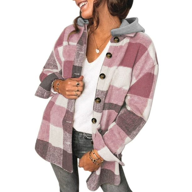SHEWIN Womens Plaid Jacket Button Down Hooded Shacket Long Sleeve ...
