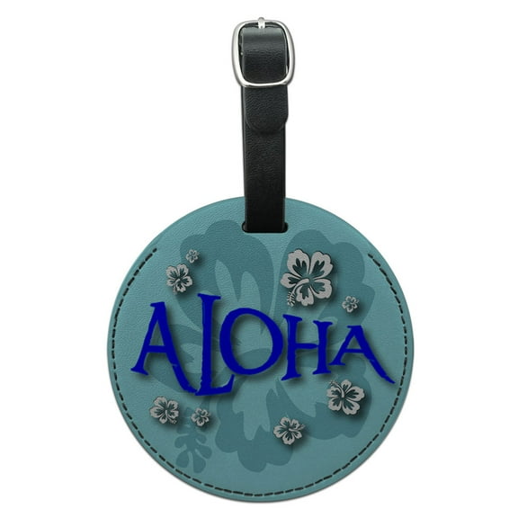 Aloha Hawaiian Greeting Hibiscus Flowers Round Leather Luggage ID Tag Suitcase