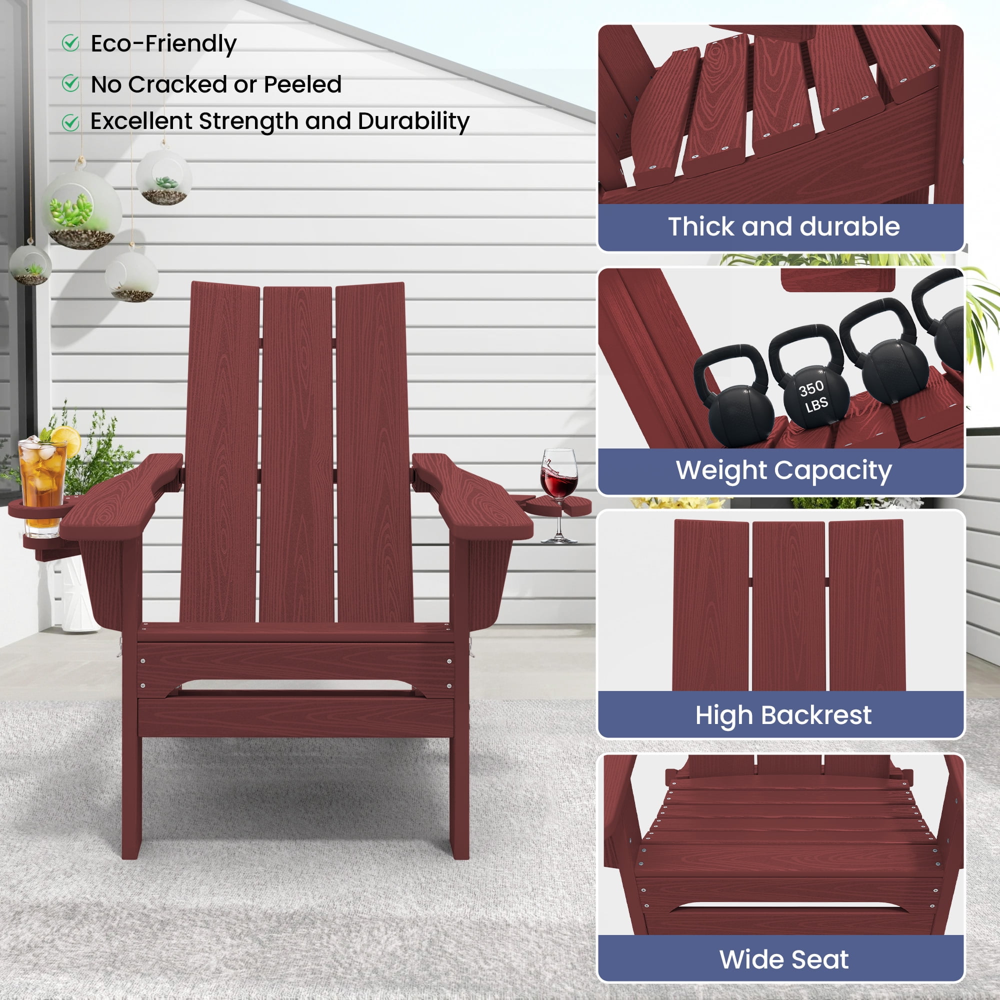 SERWALL Folding Adirondack Chair with 2 Cup Holders & Phone Slot, All-Weather Outdoor HDPE Patio Chair, Foldable Lawn Deck Chair, Red