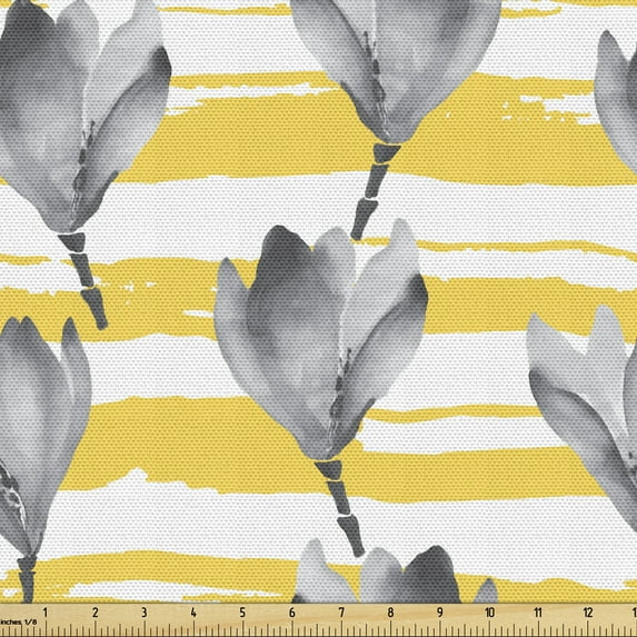 Abstract Sofa Upholstery Fabric by the Yard, Modern Flower Print with Greyscale Watercolor Look on Brush Strokes, Decorative Fabric for DIY and Home Accents, White Mustard and Dimgray by Ambesonne