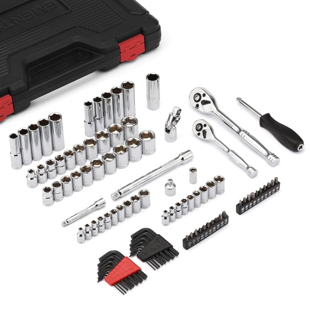 EMENTOL 94PCS 1/4" and 3/8" Drive Master Socket Set, CR-V, SAE/Metric Mechanic Tool Set with Ratchet, Bits, Extension Bars, Universal Joint, Adapter,