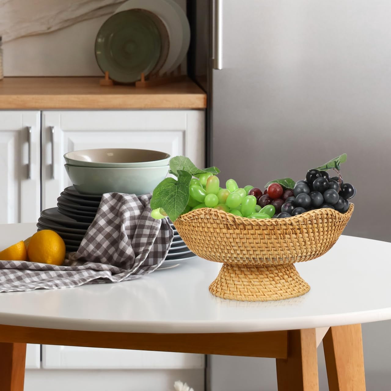 Supbessel Rattan Fruit Bowl, Small Round Wicker Basket, Natural Pedestal Bowl for Fruit Bread Storage Organization, Dining Table Centerpiece, 9.8''x9.8''x5.5''