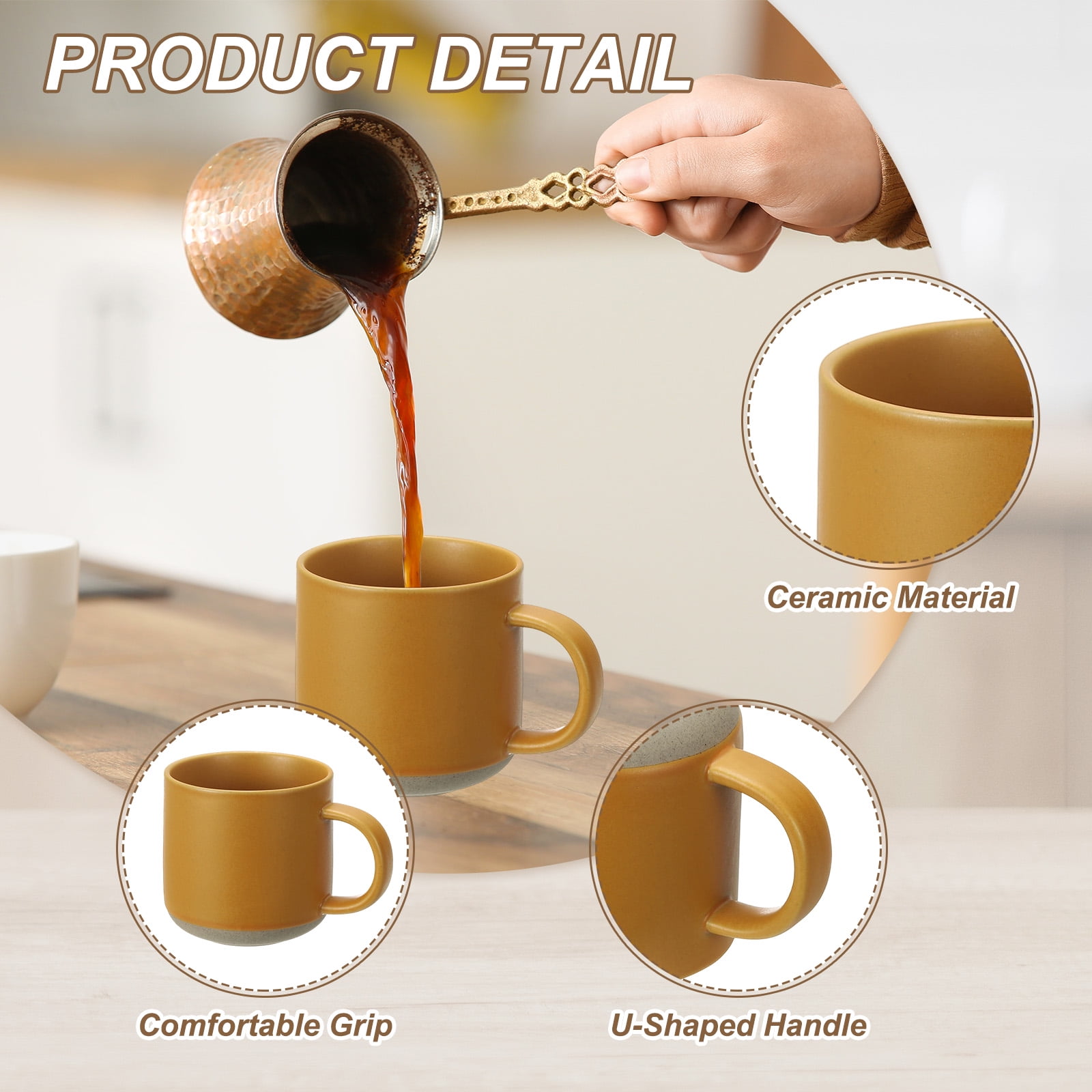 Uxcell Handmade Vintage Espresso Cups, 12 oz Ceramic Coffee Mug Stoneware Tea Cup with Handle Dishwasher and Microwave Safe for Latte Cappuccino Milk Office Home Gifts, Yellow