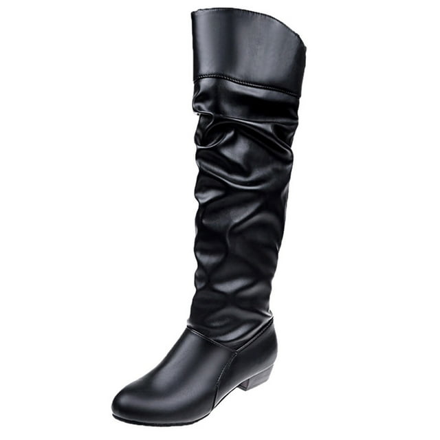 Babysbule Chaussures pour Femmes en Liquidation, Bottes Hautes à Enfiler pour Femmes à Talon Carré de Couleur Unie, Bottes Hauteur Genou à Bout Rond