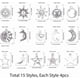 thumbnail image 2 of 1 caja con 15 dijes colgantes de sol, luna y estrellas para hacer aretes, collares y pulseras. Materiales para la creación de joyas. Color plata., 2 of 8