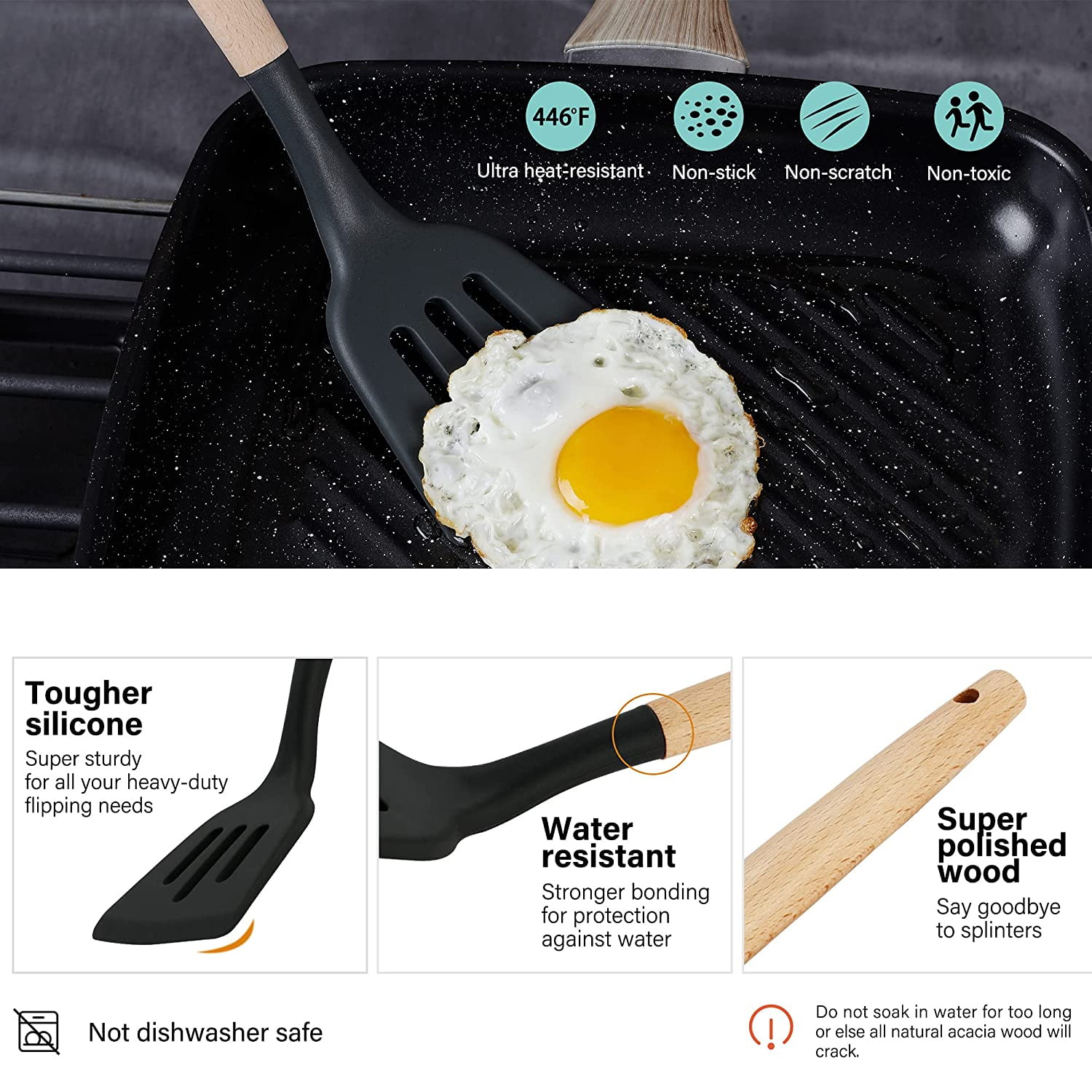 Silicone Kitchen Cooking Utensil Set, 9pcs Kitchen Utensils Spatula Set with Wooden Handle for Nonstick Cookware, 446°F Heat Resistant Silicone