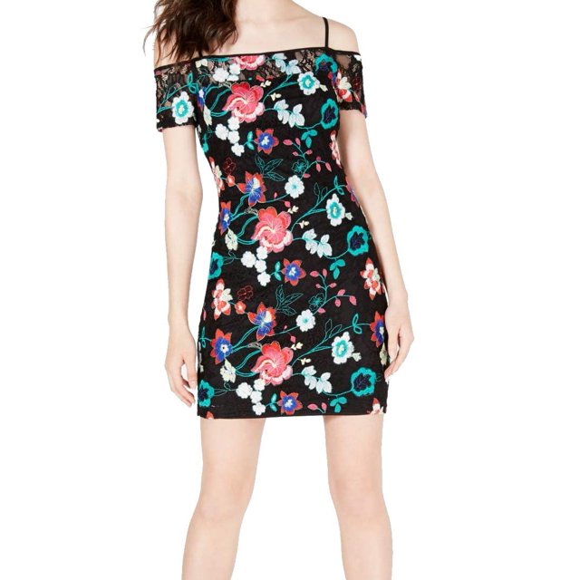GUESS Robe Cocktail en Dentelle à Épaules Dénudées pour Femmes Noire 4