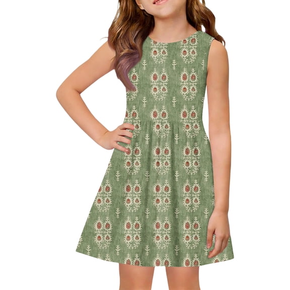 Abcomgle Girls Sleeveless Dresses Casual A-Line Sleeveless Midi Dress Boho Print Holiday Crew Neck Swing Sundresses for 4-14t Kids,Army Green,9-10Years