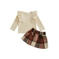 thumbnail image 2 of Loicainy Baby Toddler Girls Autumn Skirt Outfits 6 12 18 24 Months 2T 3T 4T Flying Sleeve Solid Color Tops A-line Plaid Skirt Clothes Set, 2 of 9
