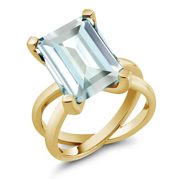 Gem Stone King 6.64 Ct Octagon Sky Blue Simulated Aquamarine 18K Yellow Gold Plated Silver Ring (Size 5)