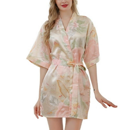 

Homgro Women s Satin Robe Floral Sexy Short Sleeve Kimono Soft Summer V Neck Wrap Bridesmaid Lightweight Short Kimono Robe Sleepwear Golden Small