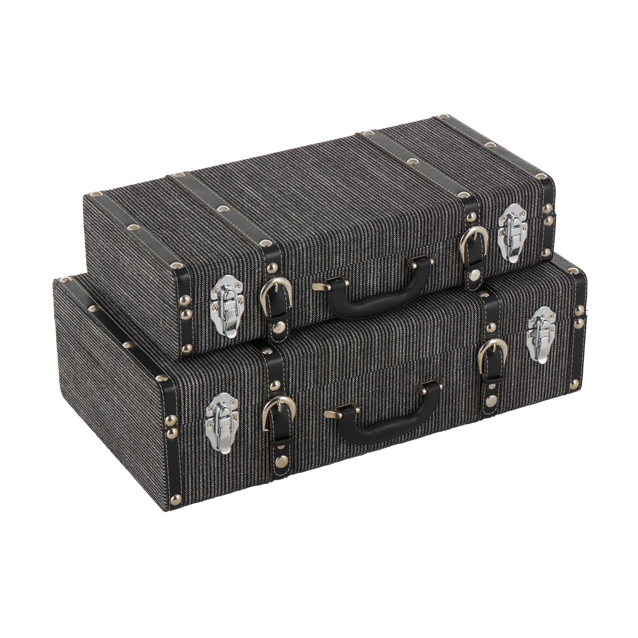DecMode 21" x 7" Black Fabric Woven Storage Trunk with Silver Latches and Buckles, 2-Pieces