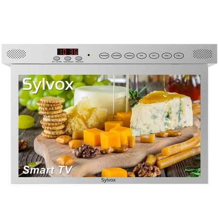 SYLVOX 15.6" Kitchen TV, 1080P FHD Under Cabinet TV, Flap Down Smart Android TV Built-in Google Play, Google Assistant (Silver)